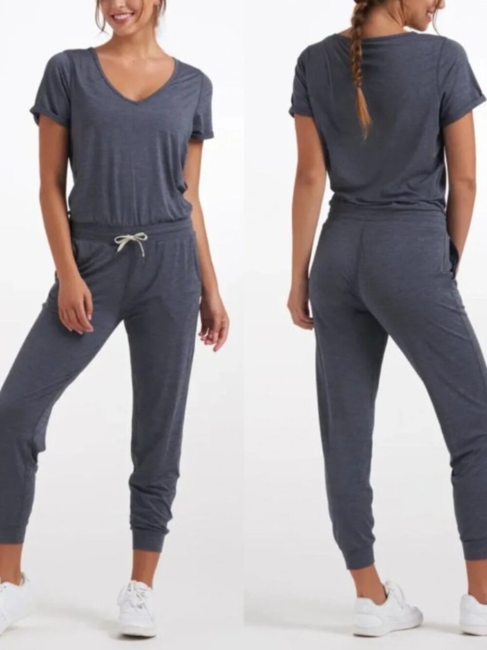 Vuori All Day V-Neck Drawstring Jumpsuit in Azure Heather-Size XL